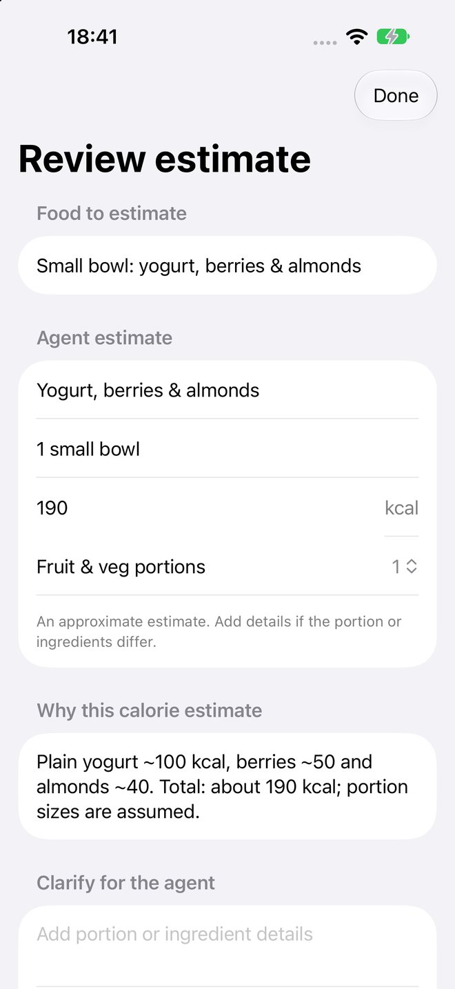 00Food on iPhone reviewing an agent estimate of 190 kcal for a small bowl of yogurt, berries and almonds, with the agent’s explanation.