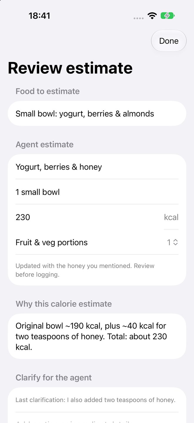 Revised estimate of 230 kcal after clarifying that two teaspoons of honey were added.