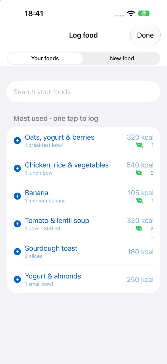 Your foods list with six saved favourites and their calories, each one tap to log.